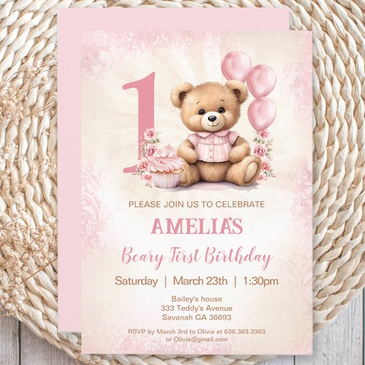 Ours rose Teddy Girl 1er anniversaire Invitation