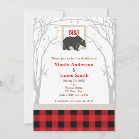 Ours Rustique & Bois Rouge Plaid Invitations de ma (Devant)