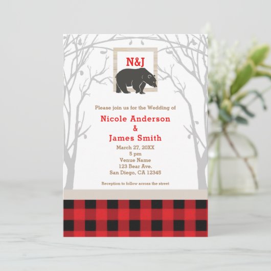 Ours Rustique & Bois Rouge Plaid Invitations de ma (Debout devant)