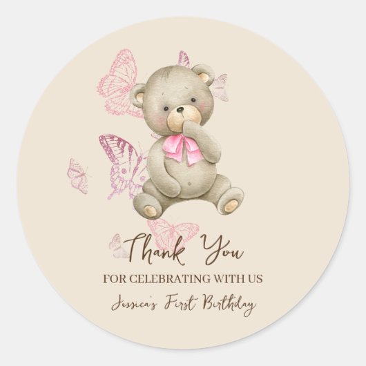 Ours Teddy Avec Sticker Papillons Rose (Devant)