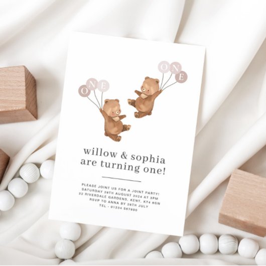 Ours Twin Girls Joint 1er anniversaire Invitation