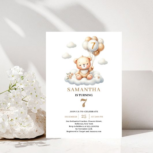 Ourson Mignon 7ème Anniversaire Invitation Ballon 