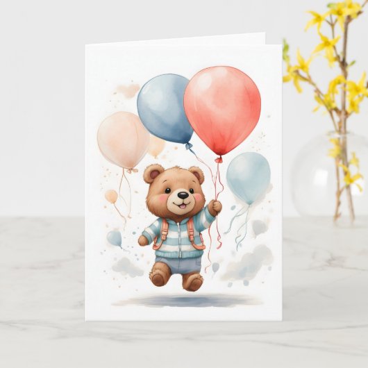 Ourson mignon aquarelle flottant dans l'air Carte (Fleur jaune)