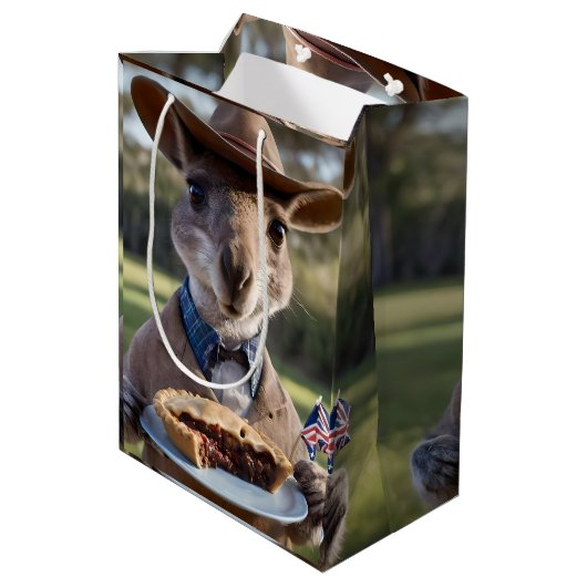 Outback Delight: A Kangaroo Eats Aussie Meat Pie Medium Cadeauzakje (Achterkant Gekanteld)