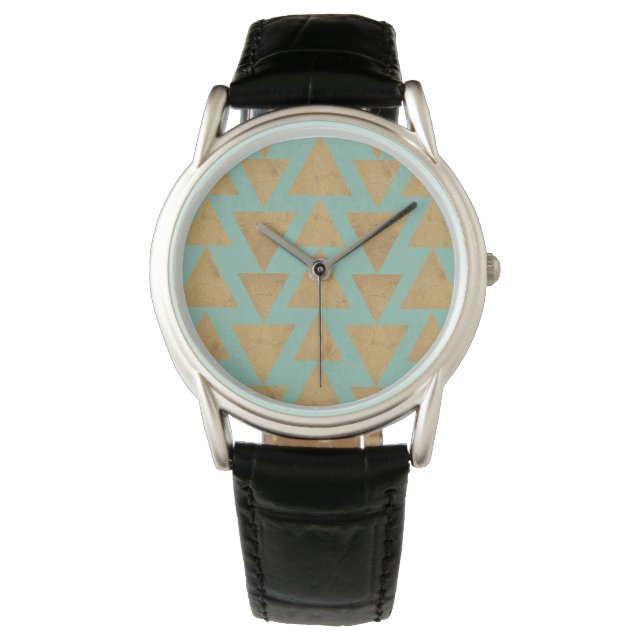 Outdoor Geo Step | Gold & Teal Pattern Horloge (Voorkant)