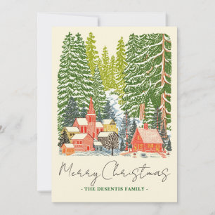 Outdoor Mountain Town Linocut Kerstfoto Feestdagenkaart