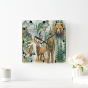 Outdoor Wildlife Hunter en Visser Vierkante Klok