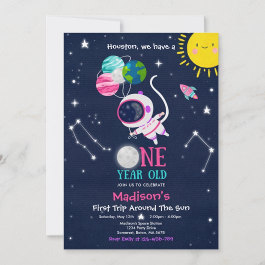 Outer Space 1st Birthday Party Astronaut Rocket Kaart (Voorkant)