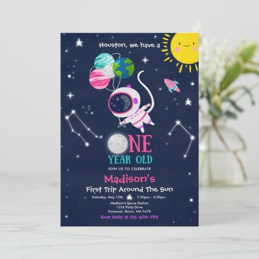 Outer Space 1st Birthday Party Astronaut Rocket Kaart (Staand voorkant)