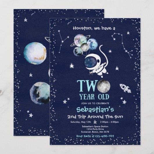 Outer Space 2e verjaardag party astronaut raket in Kaart (Voorkant / Achterkant)