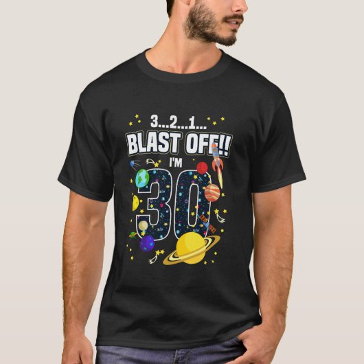 Outer Space 321 Blast Off Leeftijd 30e Verjaardag  T-shirt (Voorkant)