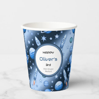 Outer Space Adventure Rocket en Planet Blue Papieren Bekers