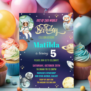 Outer Space Astronaut Planets Meisje Verjaardagsfo Kaart