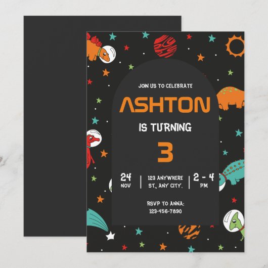 Outer Space Birthday Invitation, Kinder astronaut Kaart (Voorkant / Achterkant)