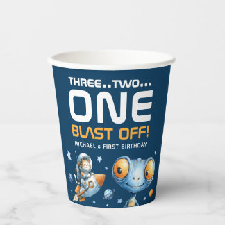 Outer Space Blast Off Cute Alien  1st Birthday  Papieren Bekers