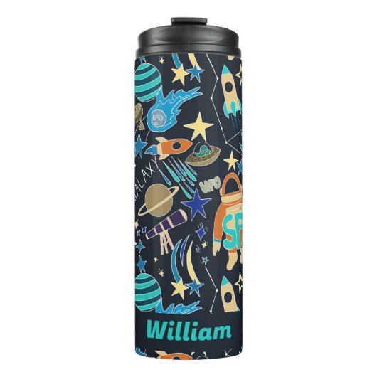 Outer Space Doodle Patroon Gepersonaliseerde naam Thermosbeker (Voorkant)