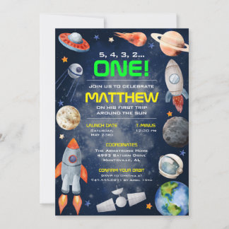 Outer Space First Birthday Invitation Kaart