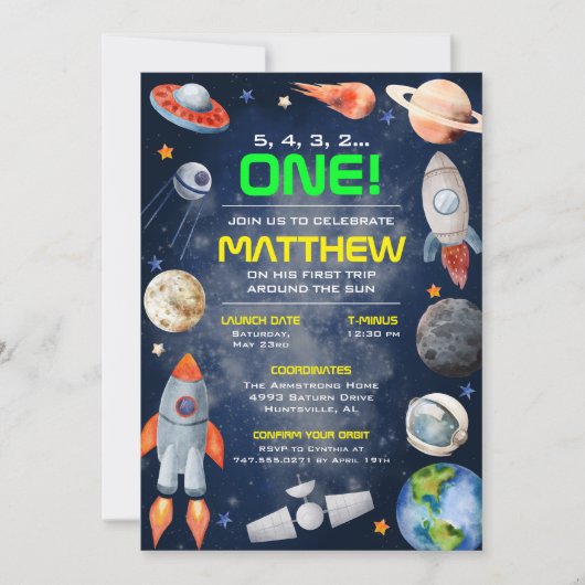 Outer Space First Birthday Invitation Kaart (Voorkant)