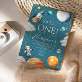 Outer Space First Birthday Rocket Teal Blue Kaart