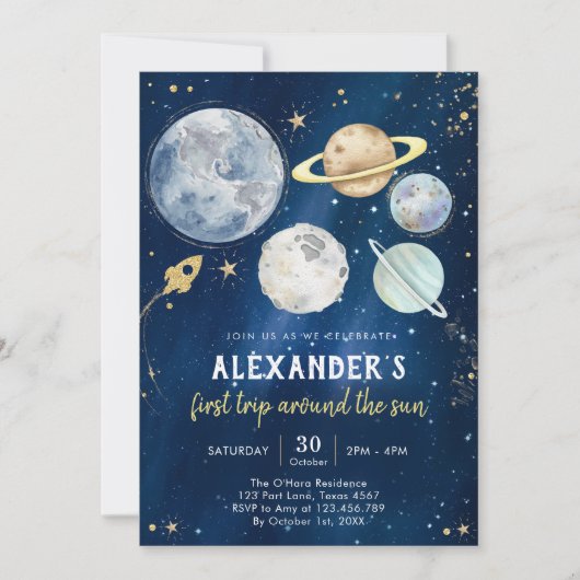 Outer Space First Trip Around the Sun 1st Birthday Kaart (Voorkant)