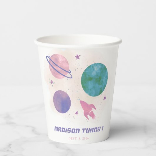 Outer Space Galaxy Planet Girl 1ste verjaardag Papieren Bekers (Achterkant)