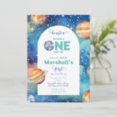 Outer Space Galaxy Planets Eerste Verjaardagsfeest Kaart (Staand voorkant)