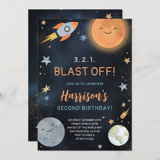 Outer Space Galaxy Planets Verjaardag Uitnodiging (Voorkant / Achterkant)