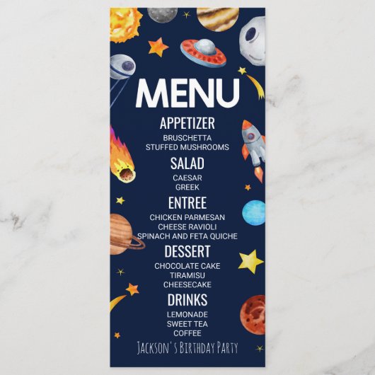 Outer Space Galaxy Verjaardagsfeestje Voedsel Menu (Voorkant)