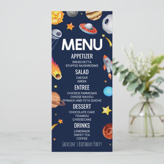 Outer Space Galaxy Verjaardagsfeestje Voedsel Menu (Staand voorkant)