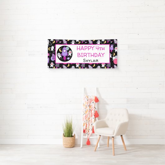 Outer Space Kittens Kat Astronaut Paarse Verjaarda Spandoek (Insitu)