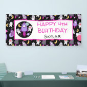 Outer Space Kittens Kat Astronaut Paarse Verjaarda Spandoek (Beurs)