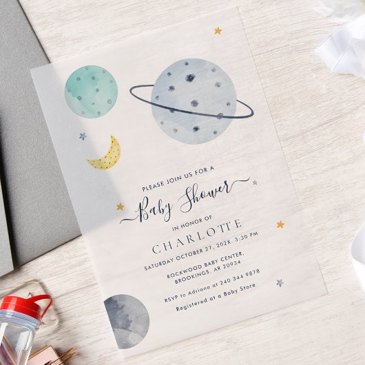 Outer Space Modern Baby shower Vellum Uitnodigingen