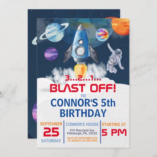 Outer Space Party Astronaut Uitnodiging voor verja (Voorkant / Achterkant)