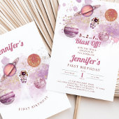 Outer Space Pink Planets Girl First Birthday Kaart