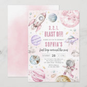 Outer Space Planets Astronaut Girl Birthday Kaart (Voorkant / Achterkant)