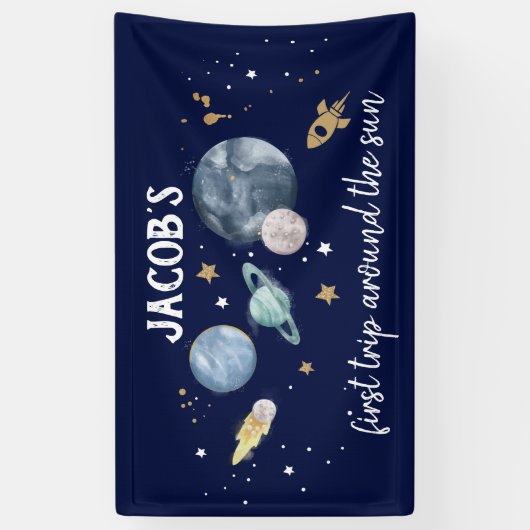 Outer Space Planets Jongen Eerste Verjaardag Achte Spandoek (Verticaal)
