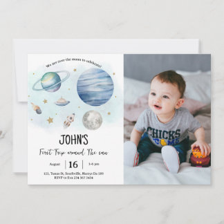 Outer Space Planets Jongen Eerste Verjaardag Foto Kaart