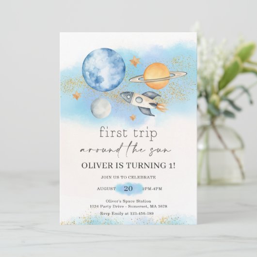 Outer Space Planets Jongen Eerste Verjaardag Kaart (Staand voorkant)