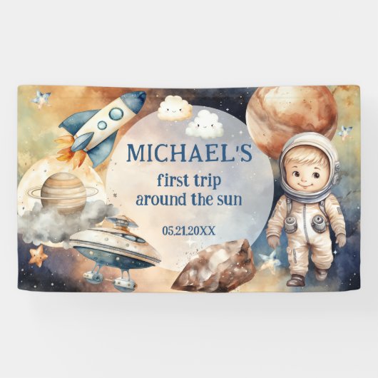 Outer Space Planets Jongen Eerste Verjaardag Spandoek (Horizontaal)
