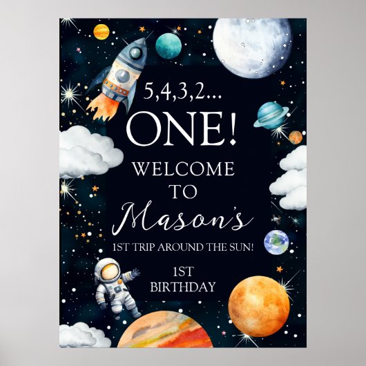 Outer Space Rocket Astronaut 1st Birthday Welcome Poster (Voorkant)