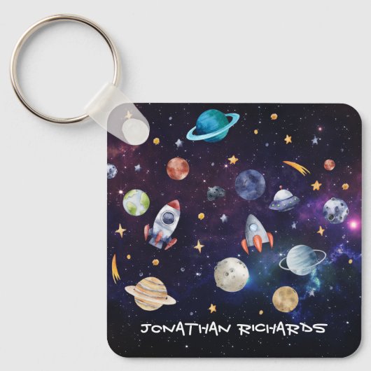 Outer Space Rocket Galaxy Gepersonaliseerde Sleute Sleutelhanger (Voorkant)