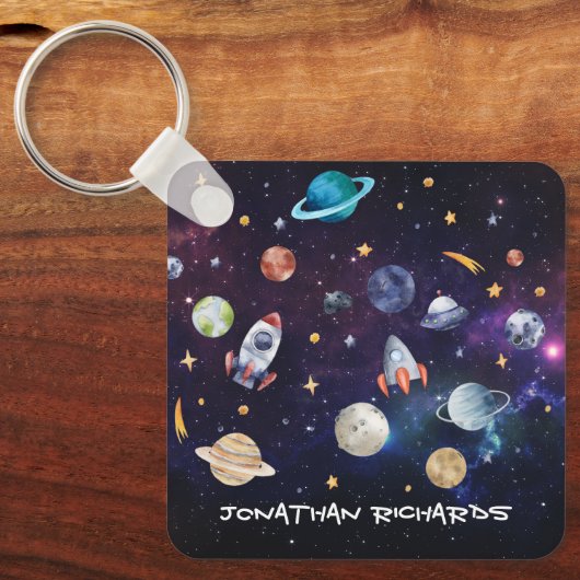 Outer Space Rocket Galaxy Gepersonaliseerde Sleute Sleutelhanger (Voorkant)