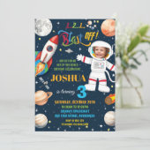 Outer Space Rocket Planet Astronaut Verjaardagsfot Kaart (Staand voorkant)