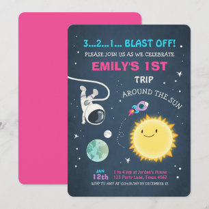 Outer Space Roze Meisje 1e verjaardag Uitnodiging