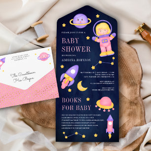 Outer Space Roze Meisje Astronaut Navy Baby Shower All In One Uitnodiging