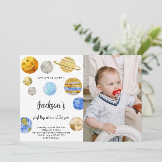 Outer Space Verjaardag Uitnodiging met Foto (Staand voorkant)
