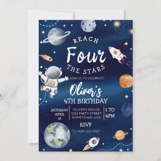 Outer Space Vierde verjaardag uitnodiging bereiken (Voorkant)