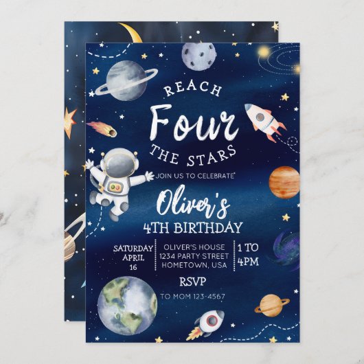 Outer Space Vierde verjaardag uitnodiging bereiken (Voorkant / Achterkant)