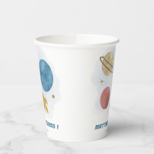 Outer Space Waterverf Planet Boy 1st Birthday Papieren Bekers (Links)
