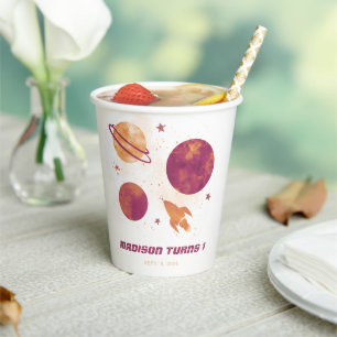 Outer Space Waterverf Planet Girl 1ste verjaardag Papieren Bekers